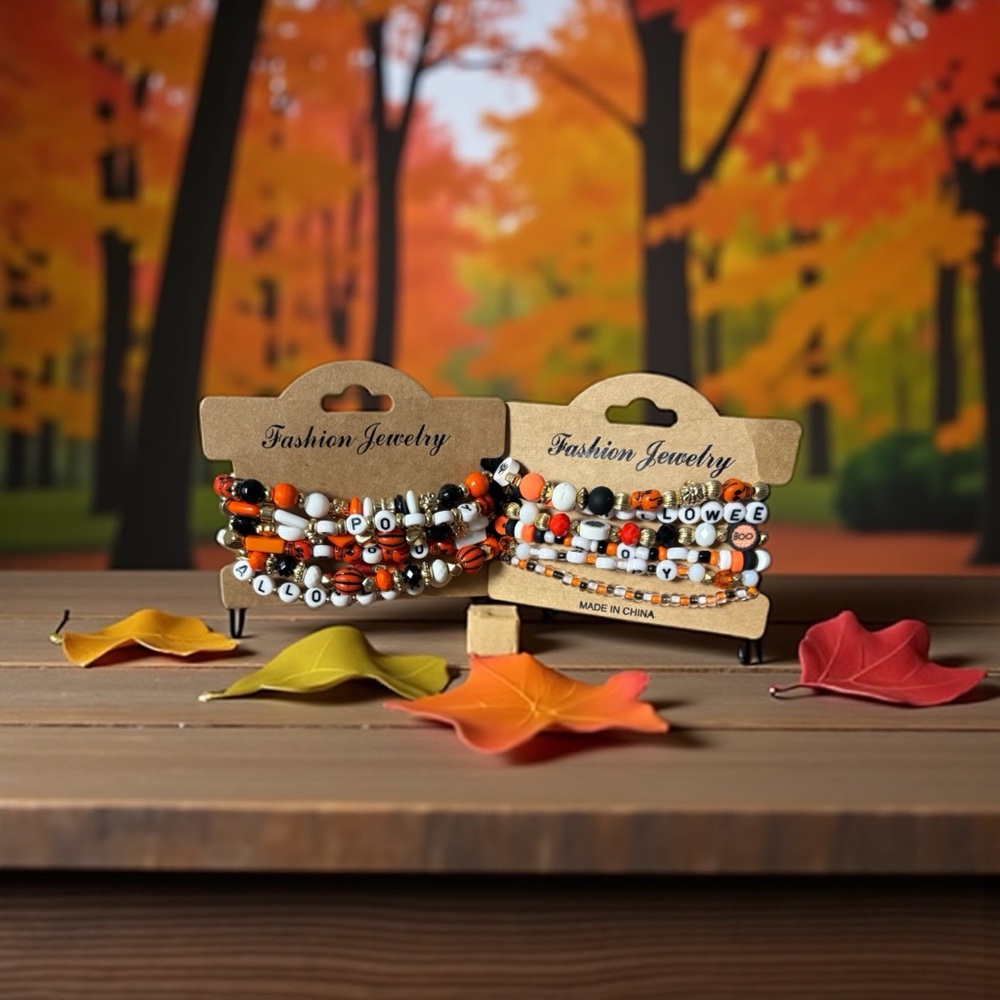 Fashion Jewelry Halloween Set of Two Beaded Bracelets - Orange, Black, White